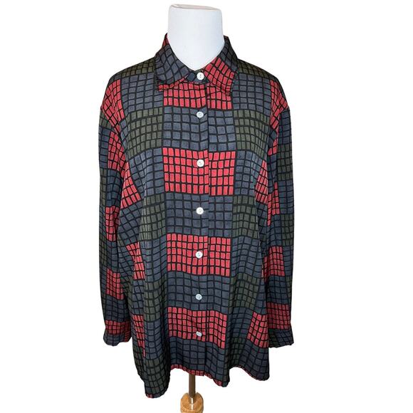 Notations‎ Ladies Button Front Long Sleeve Blouse Red Green Black RETRO Pattern - Picture 1 of 6